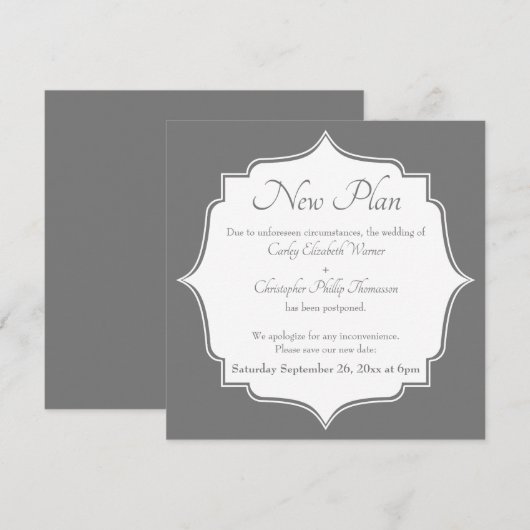 Invitation Gris blanc Nouveau Date reportée Mariage Faire-par (Devant / Derrière)