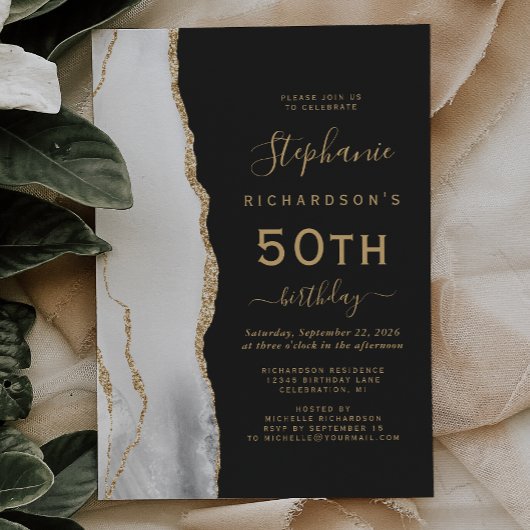 Invitation Gris Blanc Or Agate foncé 50e anniversaire fête