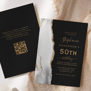Invitation Gris Blanc Or Agate QR Code 50e anniversaire