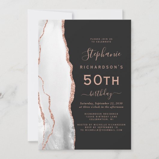 Invitation Gris Blanc Rose Or Agate foncé 50e anniversaire (Devant)