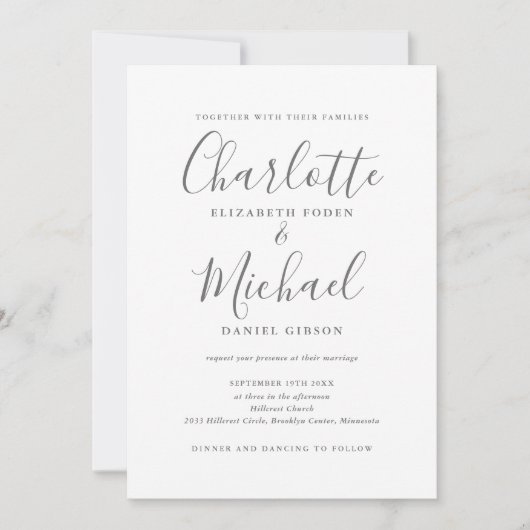 Invitation Gris Blanc Simple Tout en un Mariage de script chi (Devant)