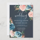 Invitation Gris, bleu marine et bleu floral Parties scintilla (Devant)