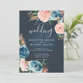 Invitation Gris, bleu marine et bleu floral Parties scintilla (Debout devant)