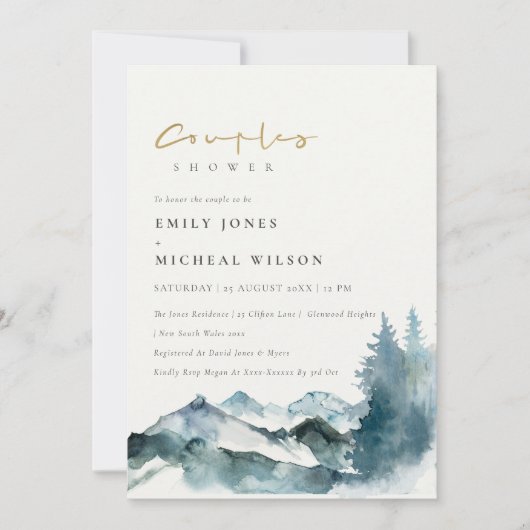 Invitation Gris Blush Blue Mountains Pine Couples Douche (Devant)