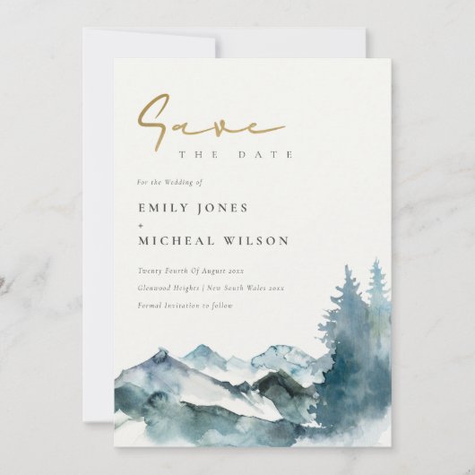 Invitation Gris Blush Blue Mountains Pine Enregistrer La Date (Devant)