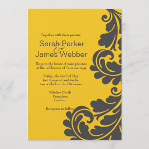 Invitation Gris d'ardoise de damassé et mariage jaune vibrant