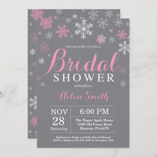 Invitation Gris de flocon de neige de rose de Fête de la (Devant / Derrière)