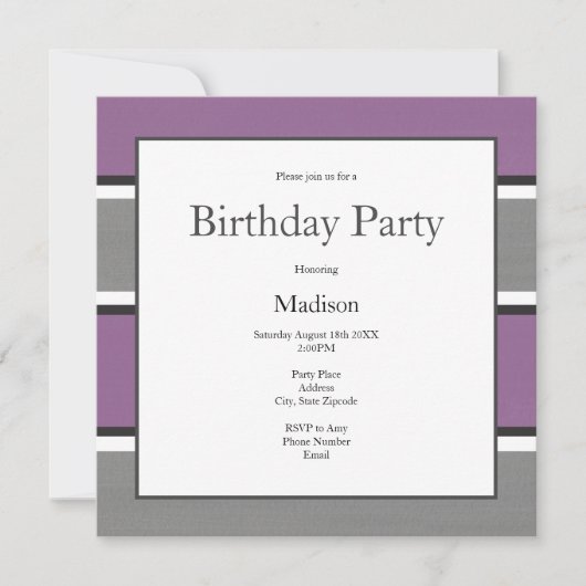 Invitation Gris de prune et rayures blanches (Devant)