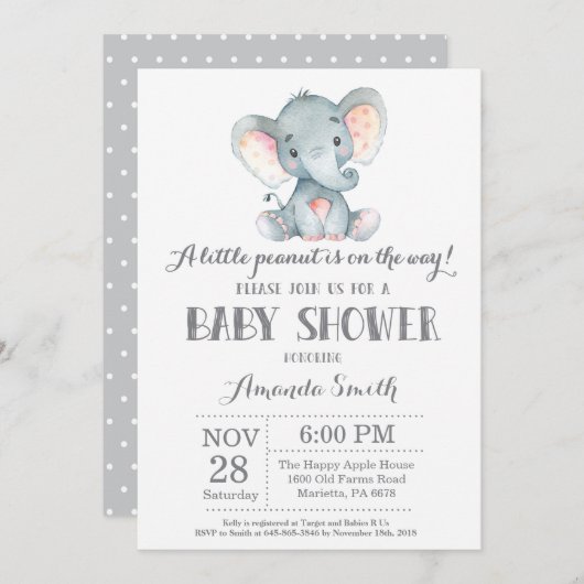 Invitation Gris d'invitation de baby shower d'éléphant (Devant / Derrière)
