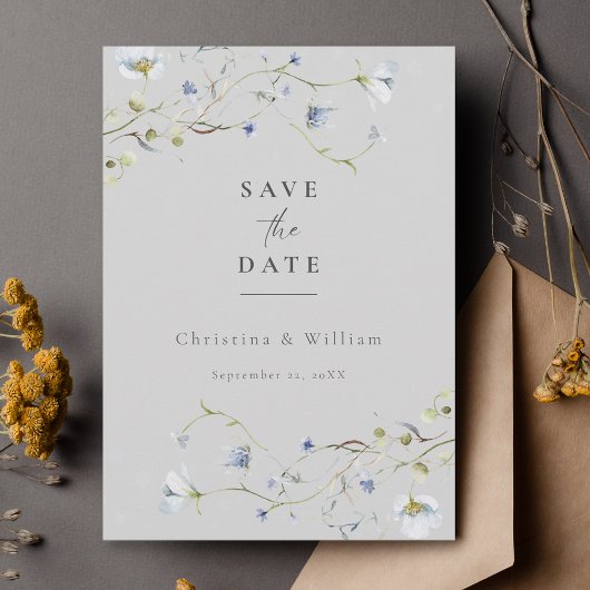 Invitation Gris Elegant Mariage Fleur sauvage Enregistrer la