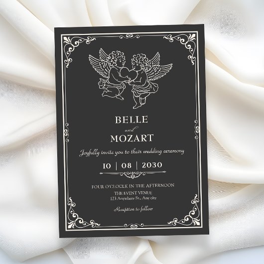 Invitation Gris élégants anges vintage mariage