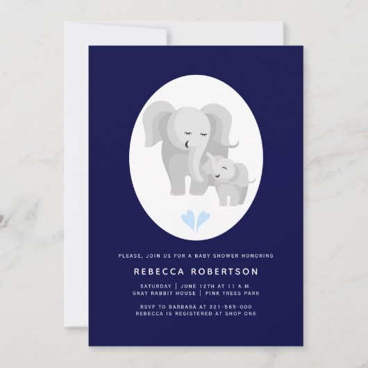Invitation Gris éléphant mère et bébé garçon douche marine bl (Devant)