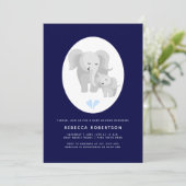 Invitation Gris éléphant mère et bébé garçon douche marine bl (Debout devant)