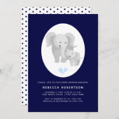 Invitation Gris éléphant mère et bébé garçon douche marine bl (Devant / Derrière)