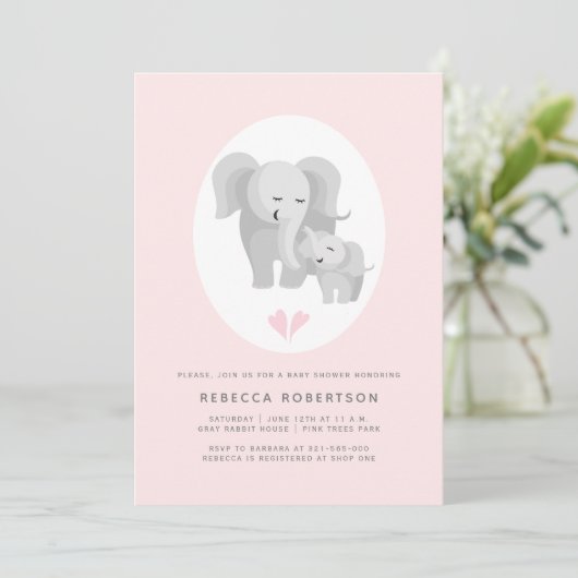 Invitation Gris éléphant mère et bébé garçon douche rose (Debout devant)