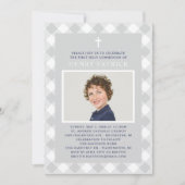 Invitation Gris En vichy Plaid Première communion pour garçon (Devant)
