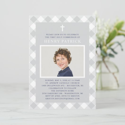 Invitation Gris En vichy Plaid Première communion pour garçon (Debout devant)