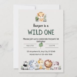 Invitation Gris esthétique Zoo Animaux Fête d'anniversaire