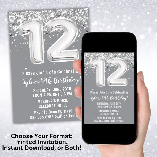 Invitation Gris et argent 12e anniversaire