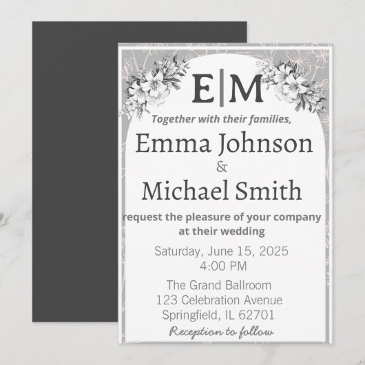 Invitation Gris et blanc Elégance moderne Floral Line Art (Devant / Derrière)