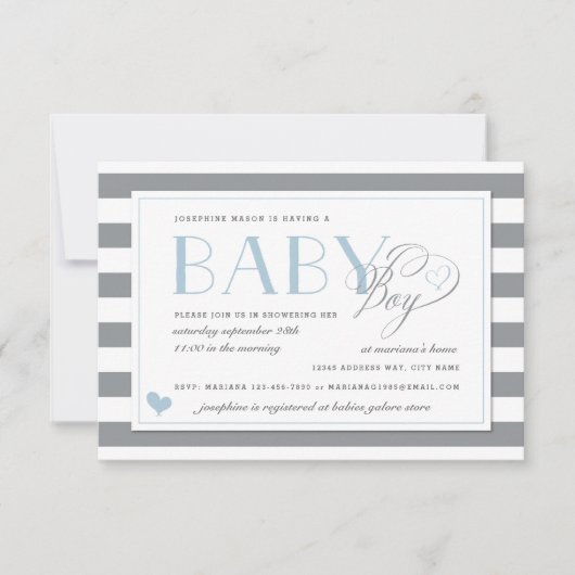 Invitation Gris et blanc Gris Bleu clair Baby shower Garçons (Devant)