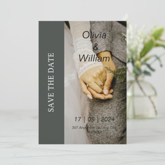 Invitation Gris et blanc Photo simple Enregistrer la date Mar (Debout devant)