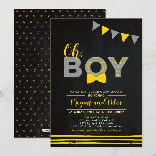 Invitation Gris et jaune | Chalkboard "Oh Boy" Baby shower (Devant / Derrière)