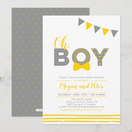 Invitation Gris et jaune | Typographie moderne Baby shower ga (Devant / Derrière)