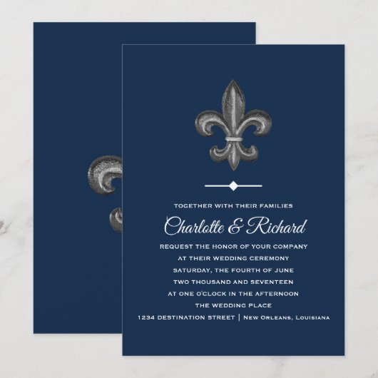 Invitation Gris et marine French Fleur De Lis Wedding de Nola (Devant / Derrière)
