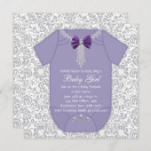 Invitation Gris et pourpre Damask bébé fille douche (Devant / Derrière)