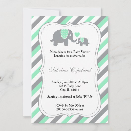 Invitation Gris et vert Gris Bébé Eléphant | BABY SHOWER (Devant)