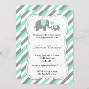 Invitation Gris et vert Gris Bébé Eléphant   BABY SHOWER