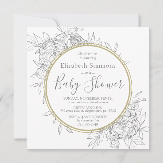 Invitation Gris & Gold Peony Moderne Baby shower en toile flo (Devant)