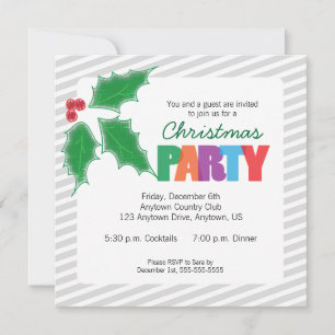 Invitation Gris, Green Holly Noël Party