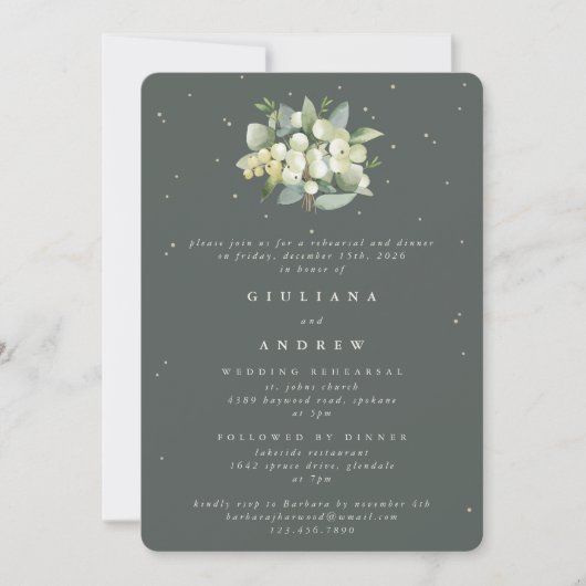 Invitation Gris Green Snowberry+Eucalyptus Mariage répétition (Devant)