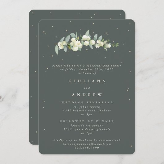 Invitation Gris Green Snowberry+Eucalyptus Mariage répétition (Devant / Derrière)