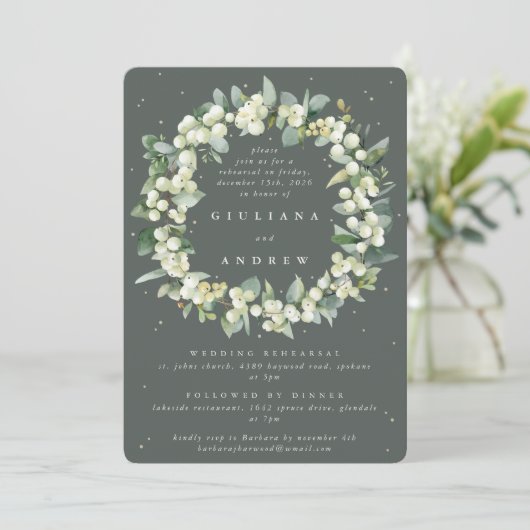 Invitation Gris Green Snowberry+Eucalyptus Mariage répétition (Debout devant)
