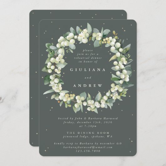 Invitation Gris Green Snowberry+Eucalyptus Mariage répétition (Devant / Derrière)