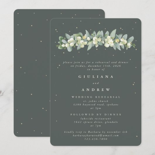 Invitation Gris Green Snowberry+Eucalyptus Mariage répétition (Devant / Derrière)