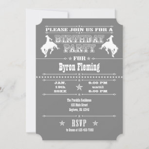 Invitation Gris Grey Cowboy Rodéo Anniversaire Fête Invitatio