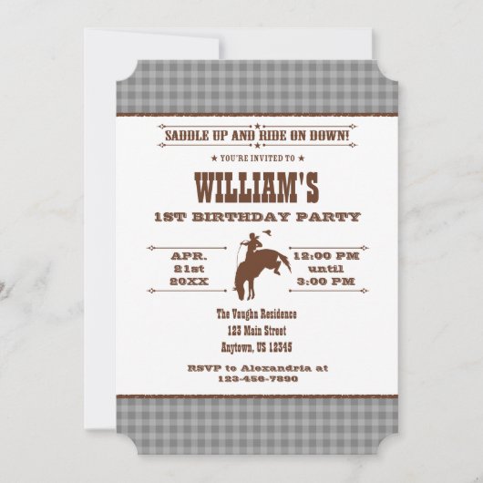 Invitation Gris Gris Plaid Cowboy Rodeo Anniversaire Invitati (Devant)