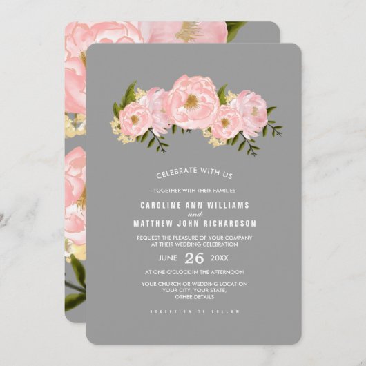 Invitation Gris | Mariage couleur d'aquarelle pour les pivoin (Devant / Derrière)