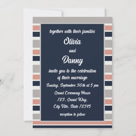 Invitation Gris Marine Bleu rose Mariage (Devant)