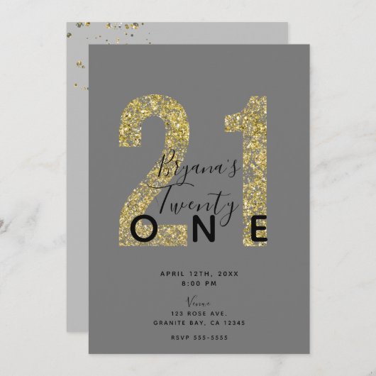Invitation Gris minimal en or Flakes 21 Parties scintillant 2 (Devant / Derrière)