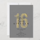 Invitation Gris minimal Gris Or Flakes 16 Parties scintillant (Devant)