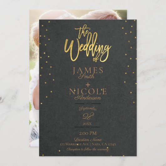 Invitation Gris Moderne Minimale Or Fond Mariage photo comple (Devant / Derrière)