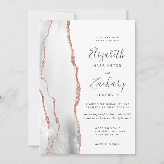 Invitation Gris moderne Rose Gold Agate QR Code Mariage (Devant)