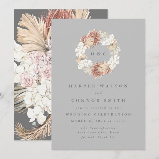 Invitation Gris Monogramme Ultime Wreath Pampas Grass (Devant / Derrière)