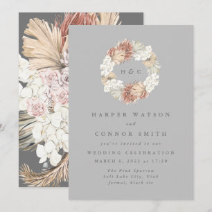 Invitation Gris Monogramme Ultime Wreath Pampas Grass