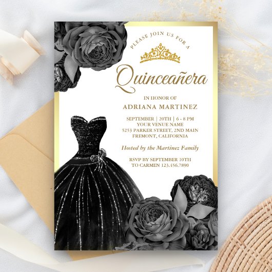 Invitation Gris noir brillant Rose or Quinceanera